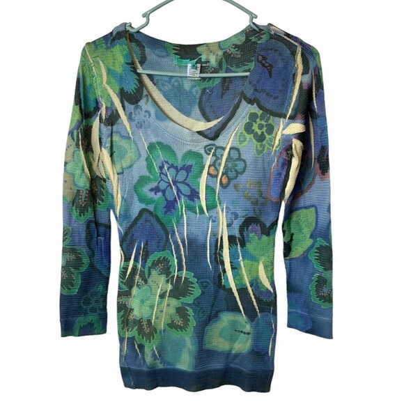 Bette Paige Sweater Green Floral Open Pleats Contrast Color Throughout Medium - Picture 1 of 5